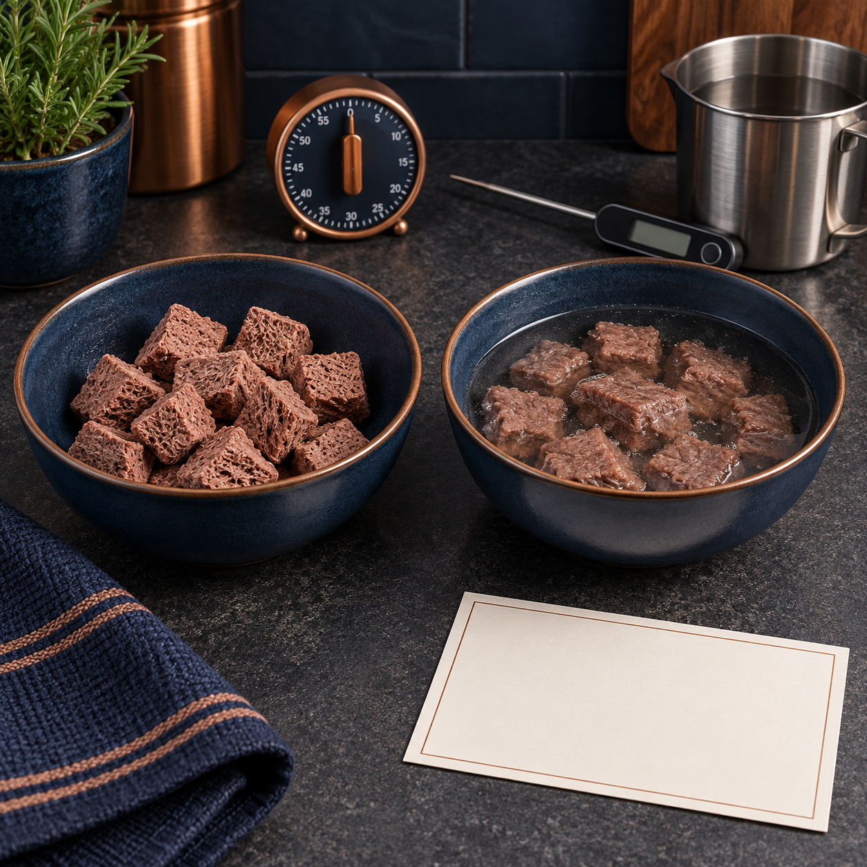 Dry freeze-dried beef cubes beside a bowl of pieces soaking in warm water with a timer and thermometer